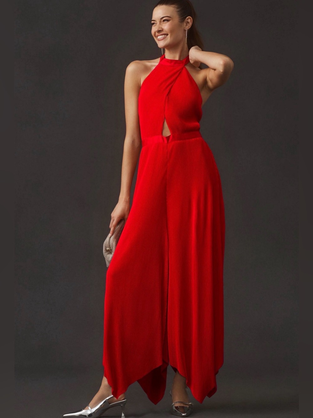 ❤️ NWT Anthropologie Plissé Halter Jumpsuit Red Women's Size 10 Wide Leg Elegant